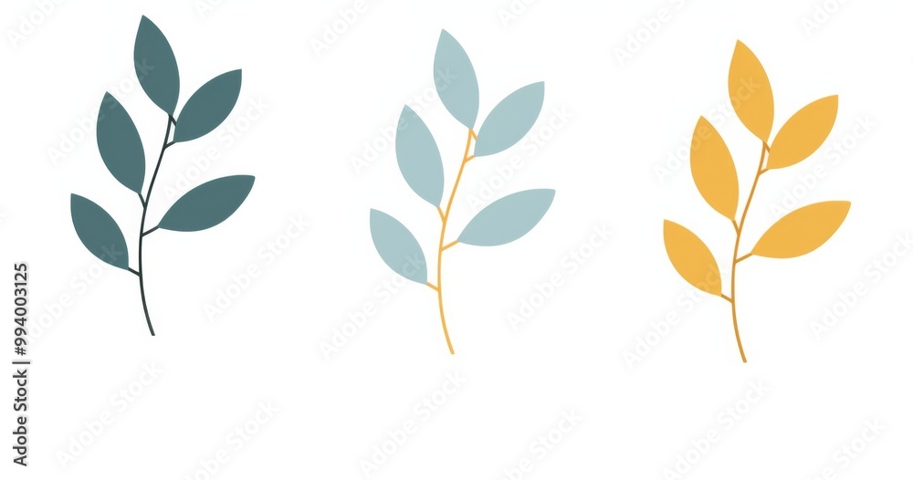 Set of three minimalist vector graphics featuring plant designs in flat yellow and teal colors against a white background. Set of three minimalist vector graphics featuring plant designs in flat yellow and teal colors against a white background.