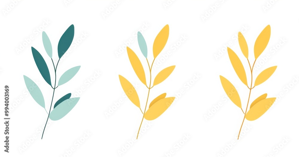 Set of three minimalist vector graphics featuring plant designs in flat yellow and teal colors against a white background. Set of three minimalist vector graphics featuring plant designs in flat yellow and teal colors against a white background.