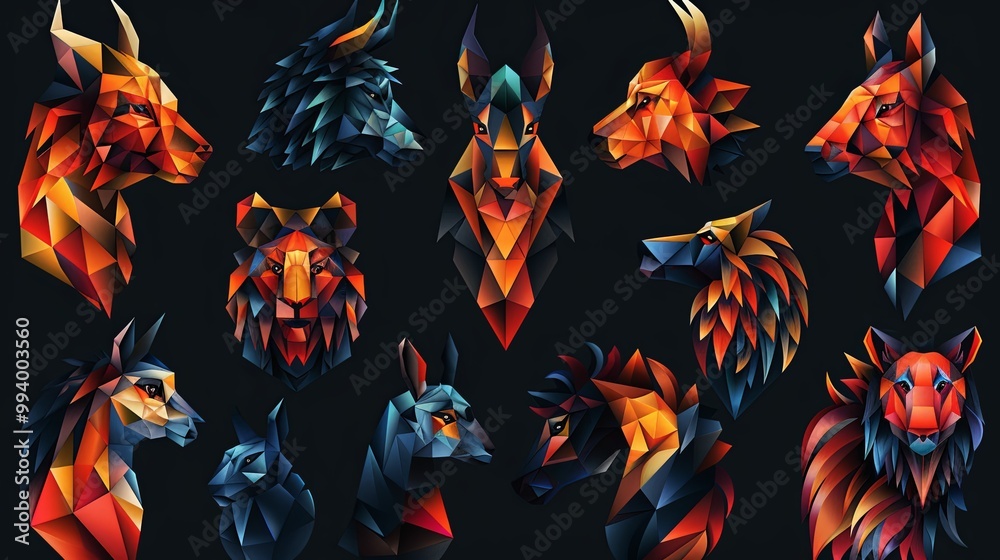 Chinese horoscope zodiac collection, geometric minimalist style. Animals symbols of Chinese New year . Set of mascots: rabbit, dragon, snake, tiger, ox, rat, pig, dog, rooster, monkey, goat, horse Chinese horoscope zodiac collection, geometric minimalist style. Animals symbols of Chinese New year . Set of mascots: rabbit, dragon, snake, tiger, ox, rat, pig, dog, rooster, monkey, goat, horse