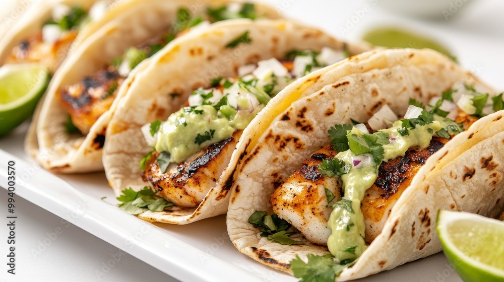 Cuatro tacos rellenos de pescado a la parrilla, con guacamole, cebolla y cilantro fresco, servidos en tortillas suaves y decorados con rodajas de lima. Cuatro tacos rellenos de pescado a la parrilla, con guacamole, cebolla y cilantro fresco, servidos en tortillas suaves y decorados con rodajas de lima.