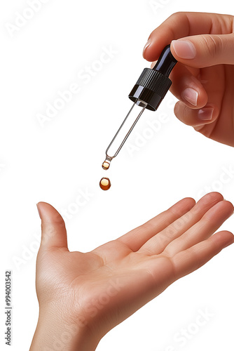 Close-up shot of a dropper bottle pouring out a drop onto her hand