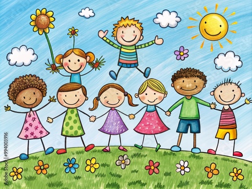 Creative Stick Figures Representing Diverse Children Having Fun Together in a Playful Environment