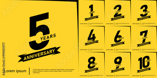 Set of 1-10 years anniversary celebration emblem. black logo isolated with ribbon on yellow background. vector illustration template design for web, flyers, poster, greeting card and invitation card