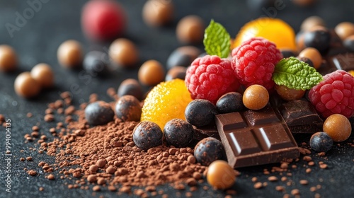 A vibrant assortment of chocolates and fruits on a dark surface. photo