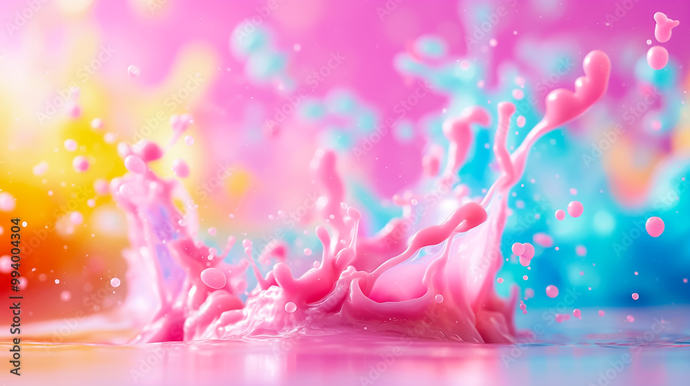 A vivid splash of pink liquid creates dynamic droplets and waves, set against a soft, colorful background that enhances the vibrant atmosphere and artistic feel A vivid splash of pink liquid creates dynamic droplets and waves, set against a soft, colorful background that enhances the vibrant atmosphere and artistic feel
