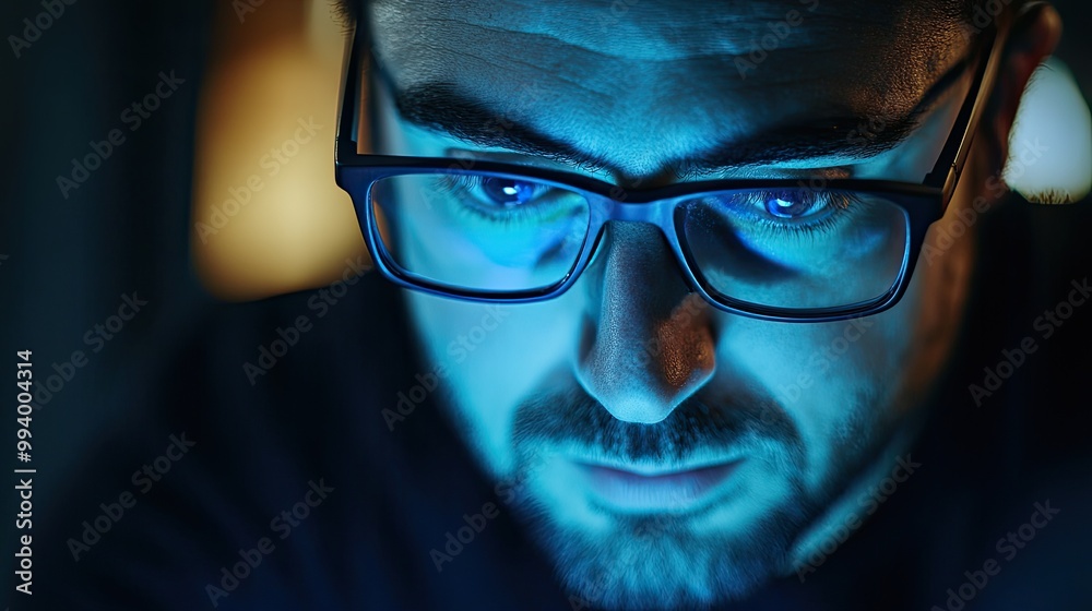 Man in glasses looking down at screen. Perfect for projects related to technology, work, and focus. Man in glasses looking down at screen. Perfect for projects related to technology, work, and focus.