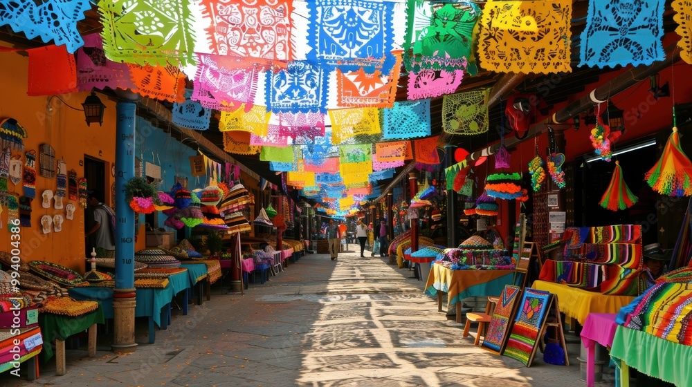 Fototapeta premium Vibrant Traditional Mexican Outdoor Market with Colorful Papel Picado Banners Hanging Over Vendor Stalls