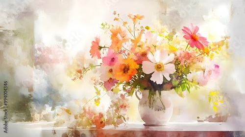 Fototapeta Naklejka Na Ścianę i Meble -  Watercolor Artistic using soft, brushy watercolor strokes, Single object picture Dining Room â€“ an elegant table centerpiece featuring fresh flowers
