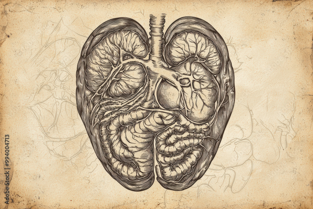 Engraved vintage illustration of human lungs showcasing intricate ...