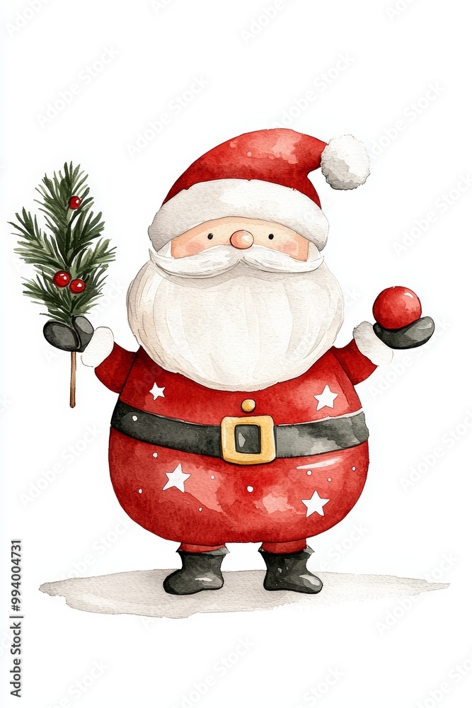 Cheerful Santa Claus holding a Christmas tree branch and ornament, bright and festive illustration on white background. Cheerful Santa Claus holding a Christmas tree branch and ornament, bright and festive illustration on white background.