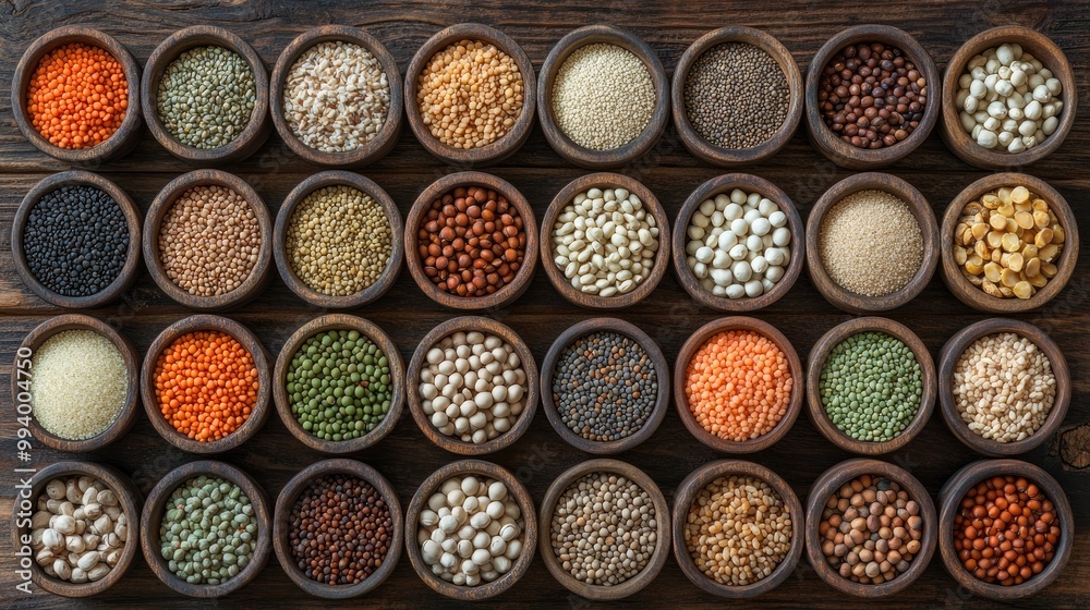 Variety of grains and legumes in bowls. This image shows various grains and legumes arranged in wooden bowls. Variety of grains and legumes in bowls. This image shows various grains and legumes arranged in wooden bowls.
