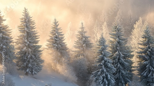 Sunlit snowy forest scene with mist and glowing light