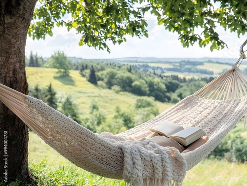 Person Relaxing in Hammock Under Tree Enjoying Peaceful Sunday Afternoon Countryside Scenery