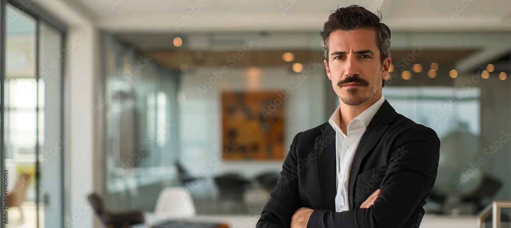 Modern Businessman in Sleek Black Suit in Contemporary Office with Glass Walls and Bright Lighting Modern Businessman in Sleek Black Suit in Contemporary Office with Glass Walls and Bright Lighting