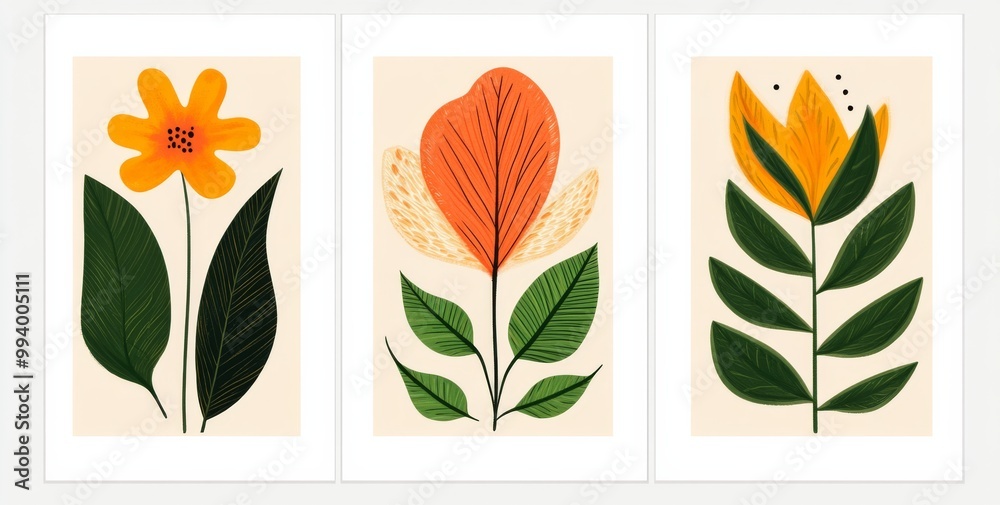 Fototapeta premium Three minimalistic botanical illustrations featuring simple shapes and lines in flat orange and green tones on a white background