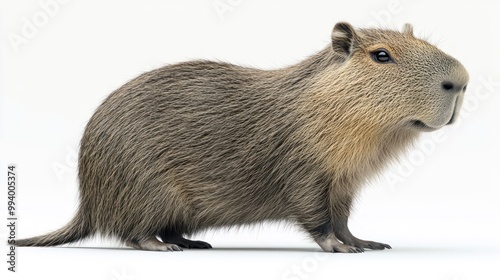 A capybara stands alert, surveying its environment under the warm sunlight