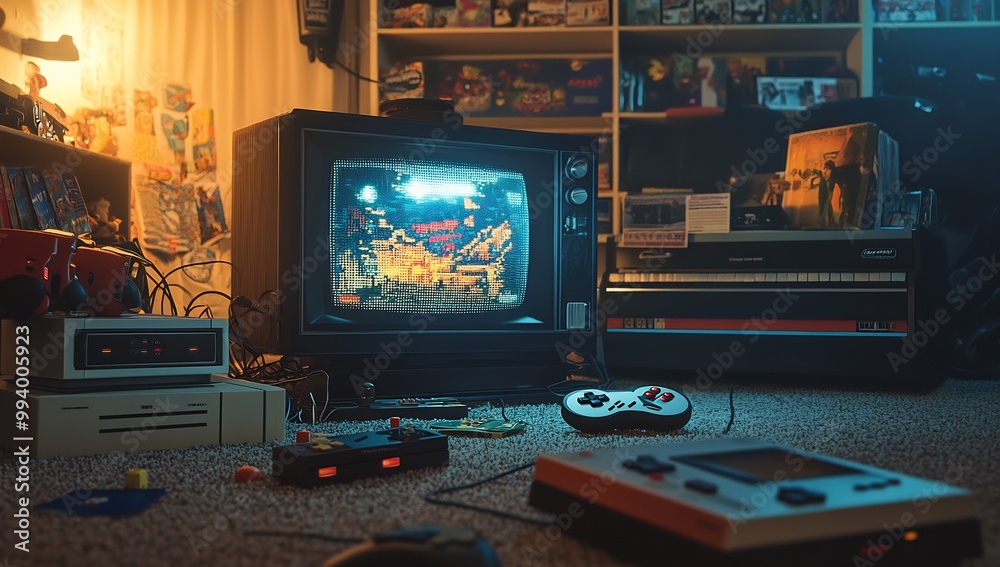a classic 90s scene with an old CRT television displaying an 8-bit game a classic 90s scene with an old CRT television displaying an 8-bit game