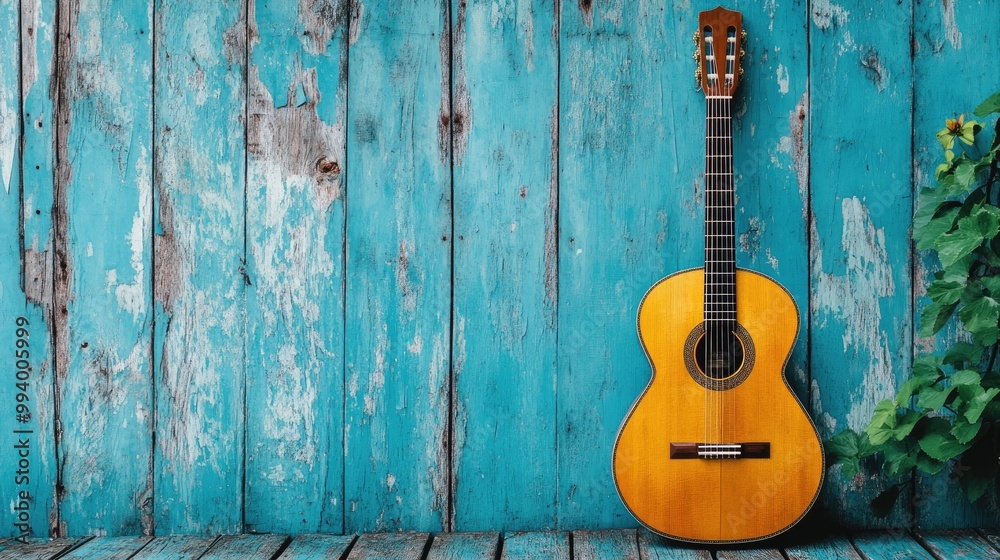 Obraz premium Acoustic guitar leaning on a weathered blue wood wall, evoking a calm and rustic ambiance, perfect for music lovers.