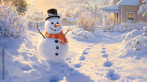 a classic snowman with a carrot nose, coal eyes, and a scarf, standing in a snowy backyard photo