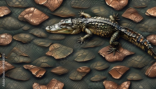 Dark Green and Brown Crocodile Skin Pattern: Seamless Reptile Print Texture for Luxurious Leather Wallpaper photo