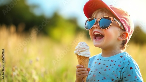 A young boy in a red cap and sunglasses smiles happily as he enjoys an ice cream cone.