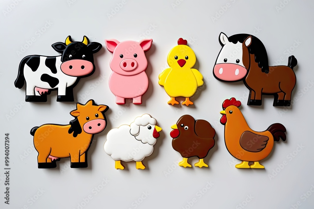 Obraz premium Colorful Set of 6 Adorable Cartoon Farm Animal Figurines Including Cow Pig Sheep Chicken and Horse on White Background