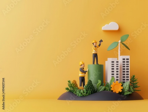 Construction workers assembling a smart building with eco-friendly materials, powered by renewable energy, Futurism, 3D Art