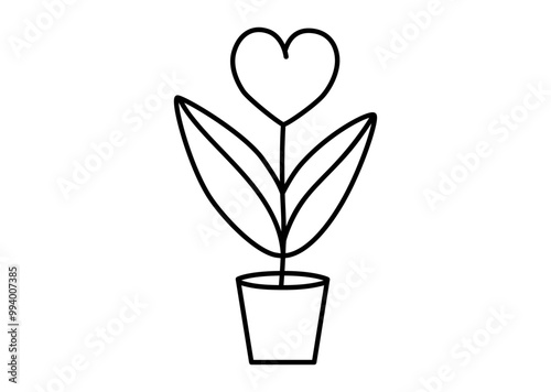 Hand drawn cute outline illustration flower in heart shape in pot with leaves. Love feeling plant line art doodle style. Valentine's Day tree sticker, icon or print. Holiday romantic gift. Isolated.