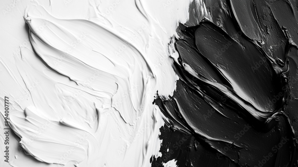 Obraz premium Contrast of black and white paint textures on canvas with dynamic strokes created in an abstract style
