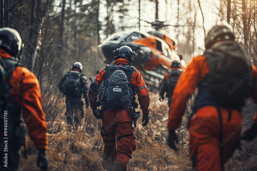 Selective focus of rescuer with rescue helicopter in background, Winding scene with rescuer and patrol helicopter. Selective focus of rescuer with rescue helicopter in background, Winding scene with rescuer and patrol helicopter.