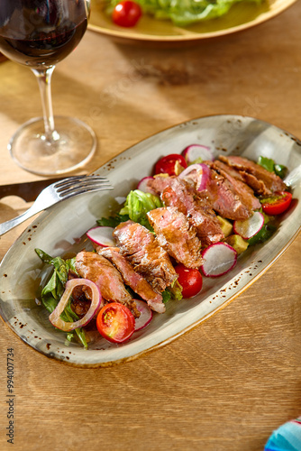 Gourmet Grilled Steak Salad with Fresh Vegetables and Red Wine in Natural Light