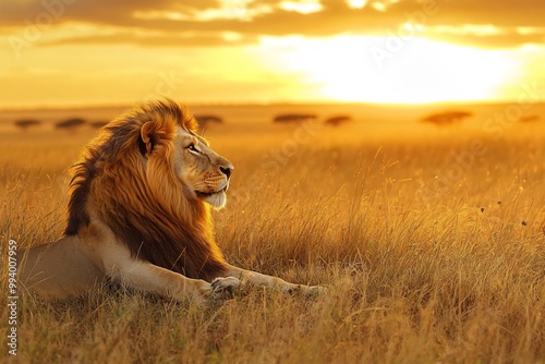 a majestic lion resting in the golden grass of the African savanna photo