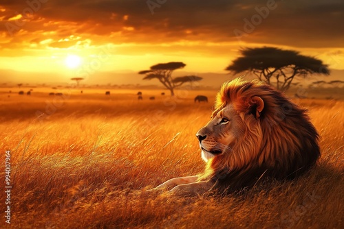 a majestic lion resting in the golden grass of the African savanna photo