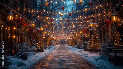 Magical Holiday Lights and Decorations Brightening a Cozy Winter Street Scene