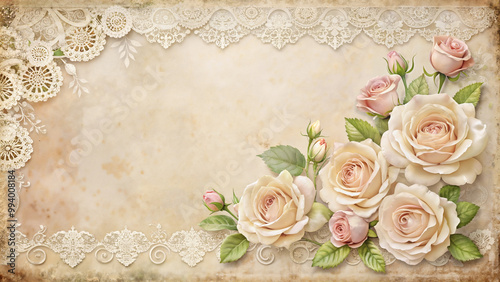 Vintage Roses and Lace Background, Romantic Floral Design with Copy Space