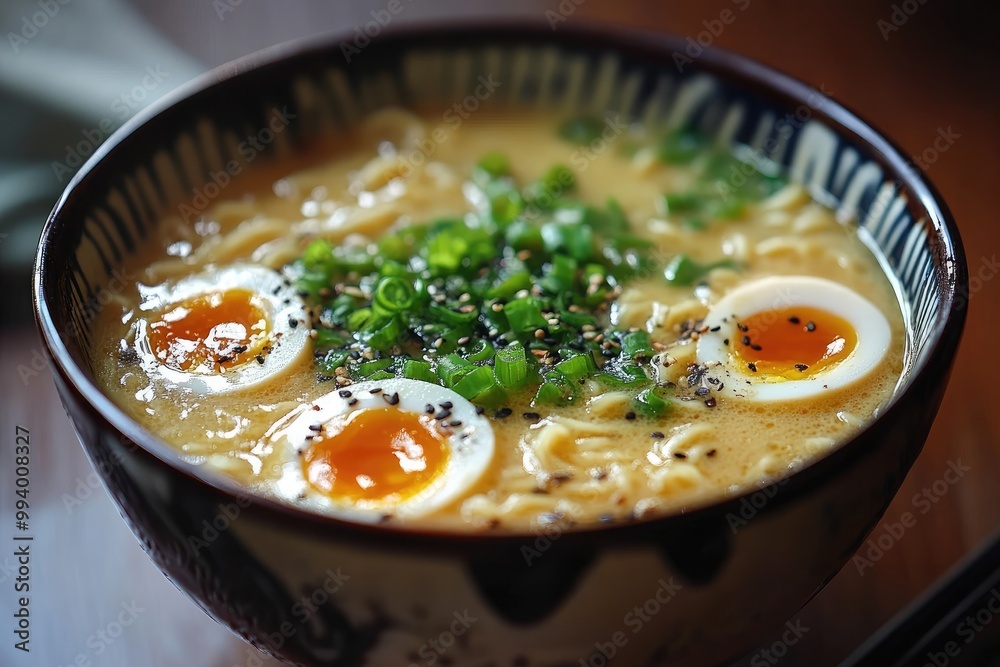 A bowl of ramen with eggs and scallions. This picture of ramen is perfect for a website promoting Asian cuisine. A bowl of ramen with eggs and scallions. This picture of ramen is perfect for a website promoting Asian cuisine.