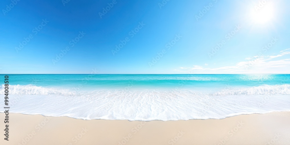 Tropical Beach with Blue Ocean and White Sand Under Sunny Sky Tropical Beach with Blue Ocean and White Sand Under Sunny Sky