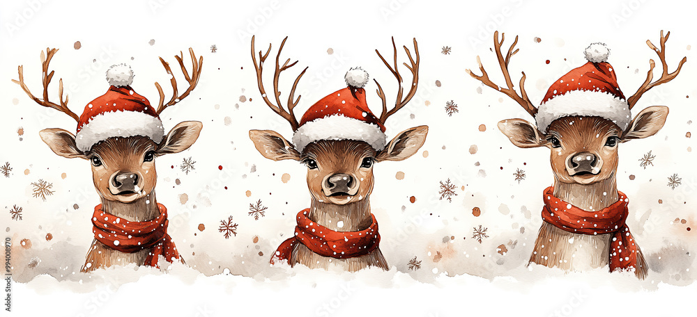 Rehe mit Mütze und Schal im Schnee - Weihnachtsillustration im Bannerformat