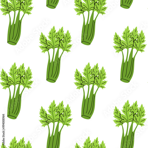 Repeated pattern of fresh and vibrant celery stalks on a white background