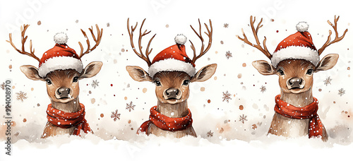 Rehe mit Mütze und Schal im Schnee - Weihnachtsillustration im Bannerformat photo