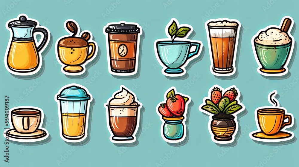 Coffee stickers and barista characters.Coffee makers, kettles, brewing, arabica coffee, glass,espresso,cappuccino, beans.Graphic doodle minimalist retro icons.Coffee shop patches Coffee stickers and barista characters.Coffee makers, kettles, brewing, arabica coffee, glass,espresso,cappuccino, beans.Graphic doodle minimalist retro icons.Coffee shop patches