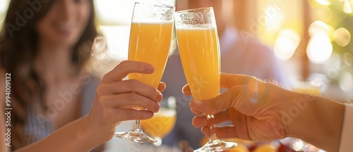 Cheers to joy! Friends celebrating with mimosas in a warm, bright atmosphere, perfect for social gatherings and special occasions.