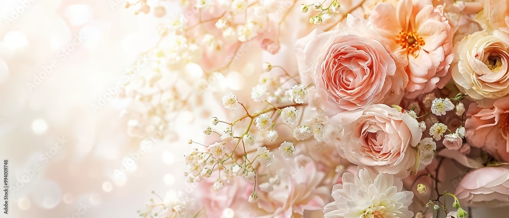Delicate arrangement of pastel roses and blossoms, perfect for celebrations and floral designs, evoking elegance and romance. Delicate arrangement of pastel roses and blossoms, perfect for celebrations and floral designs, evoking elegance and romance.