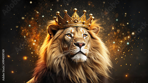 Majestic Lion Wearing Golden Crown, Royal and Powerful Symbol