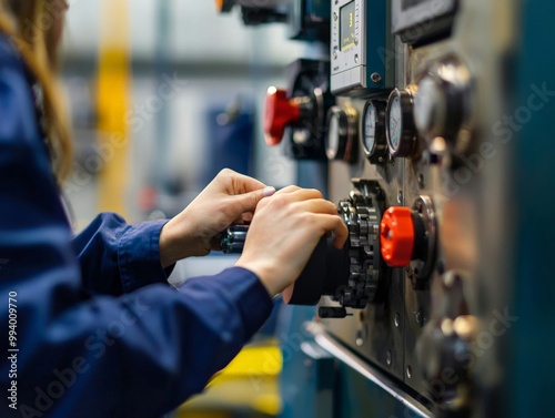 A close-up of a worker adjusting the settings on a piece of machinery in a factory, focusing on the precision and expertise required to operate complex industrial equipment