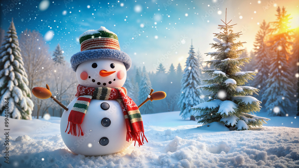 Obraz premium Cheerful Snowman in Snowy Winter Landscape, Sunset Glow in Background