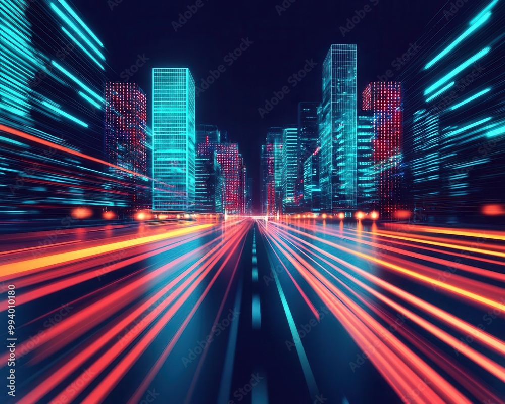 Fototapeta premium Smart city infrastructure with sustainable skyscrapers, electric vehicles, and green energy power grids, Futurism, Digital Art