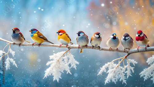 Colorful Birds on Snowy Branch in Winter Wonderland, Nature Scene