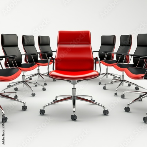 A single red chair stands out amongst a circle of black chairs. photo