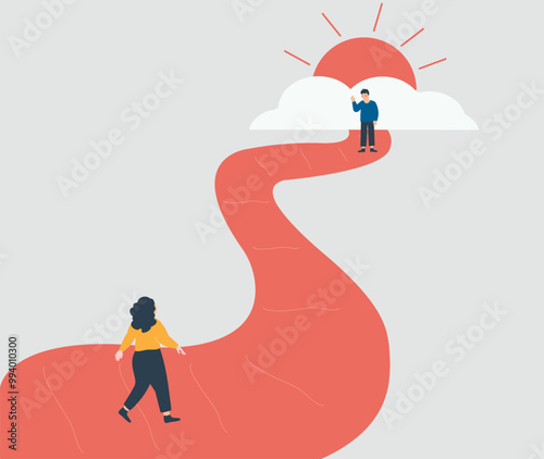 Woman walks forward towards her loved man, symbolizing the journey of a couple in a long-distance relationship. Concept of migration difficulties and family reunification. Vector illustration